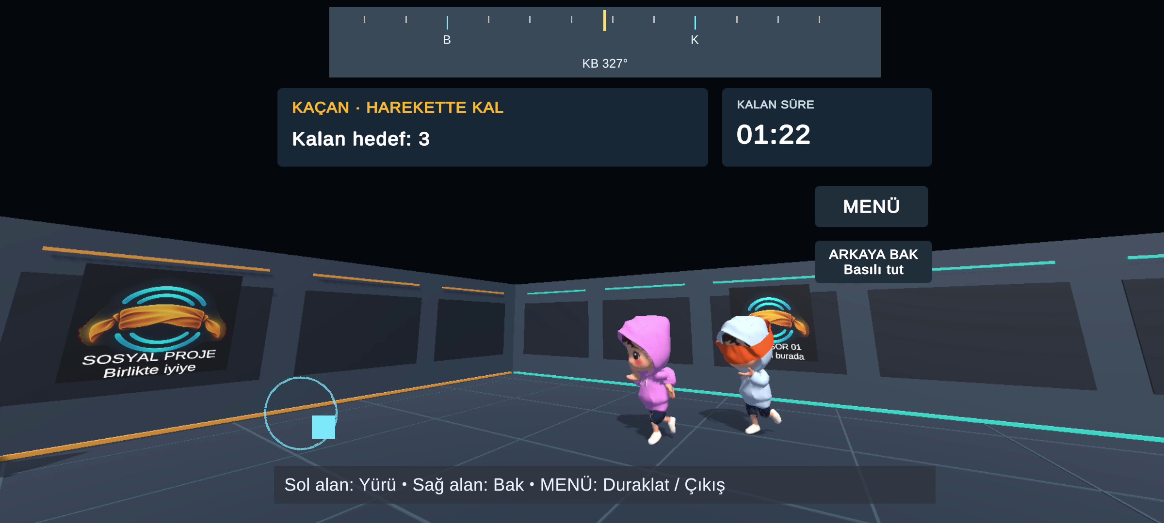 A blindfolded seeker and colorful runners in the EchoBlind arena